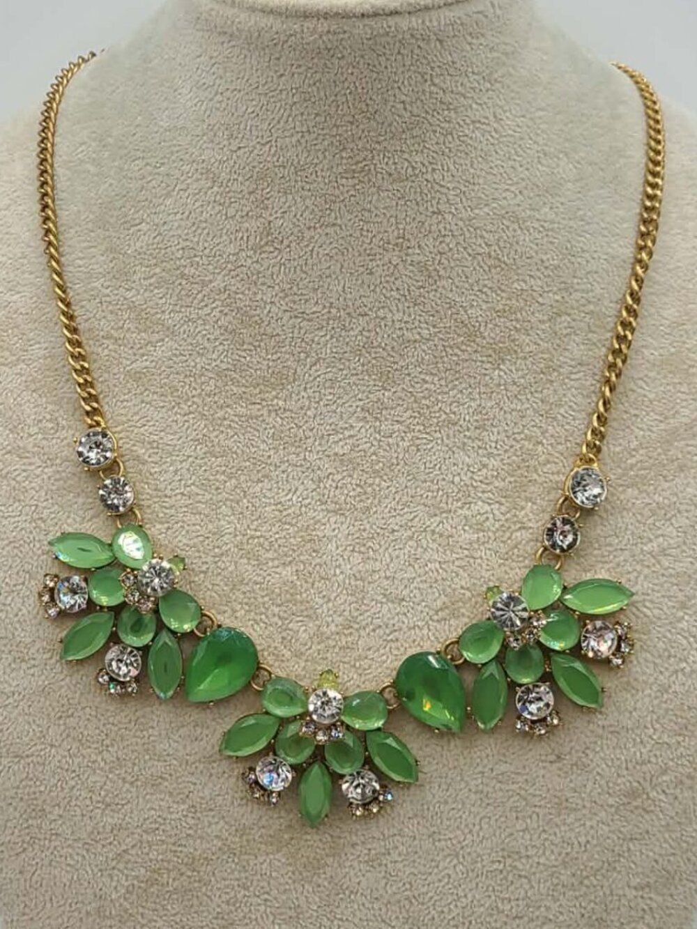 JโCrew Gold Tone Green and Clear Crystal Necklace